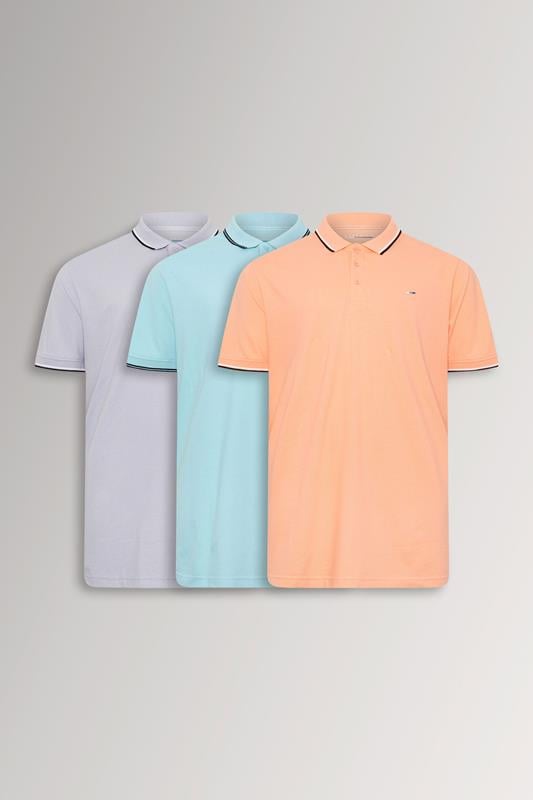 BadRhino Big & Tall 3 Pack Blue & Orange Tipped Polo Shirts
