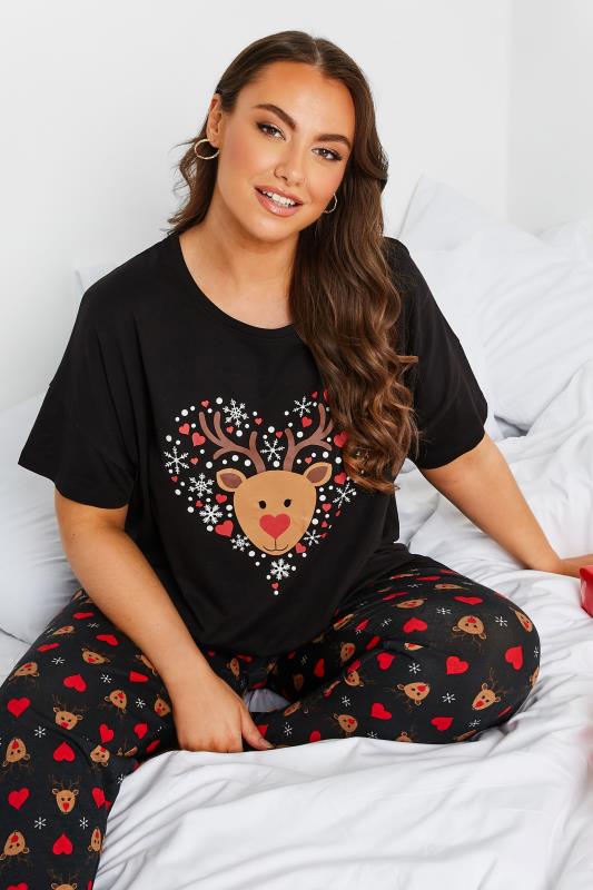 Plus Size Black Rudolph Print Christmas Pyjama Gift Set | Yours Clothing 4