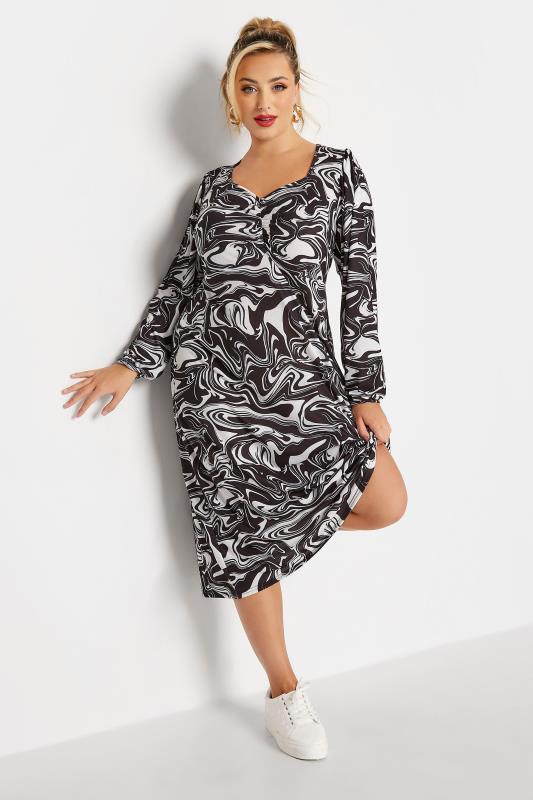 LIMITED COLLECTION Plus Size Black Swirl Ruched Midi Dress | Yours Clothing 1