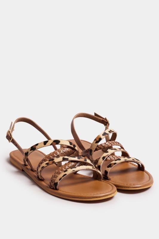 LTS Brown Leopard Print Leather Cross Over Sandals In Standard Fit | Long Tall Sally 2