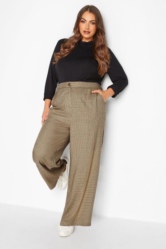 Curve Light Brown Check Wide Leg Trousers | Yours Clothing 2