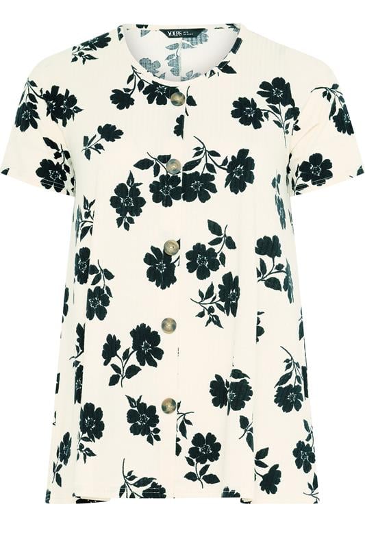 YOURS Plus Size Cream Floral Button Front Ribbed Swing Top | Yours Clothing 5