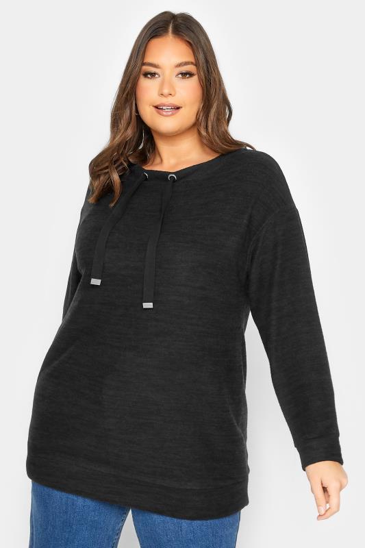 YOURS Plus Size Black Soft Touch Drawstring Sweatshirt | Yours Clothing 1