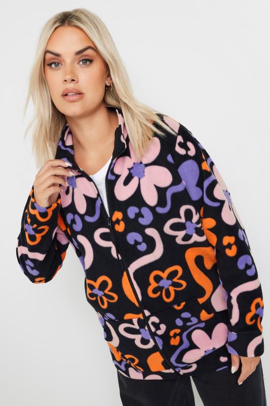 YOURS Plus Size Black Floral Print Zip Fleece Jacket | Yours Clothing 2