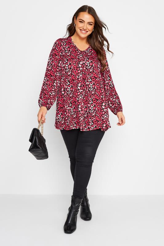 Curve Red Animal Print Long Sleeve Pleated Top | Yours Clothing 2