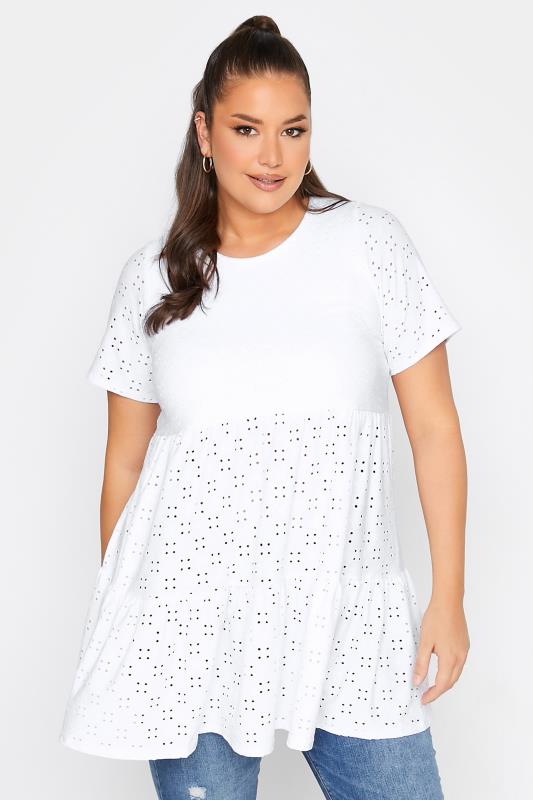  Grande Taille LIMITED COLLECTION Curve White Broderie Anglaise Tiered Smock Top