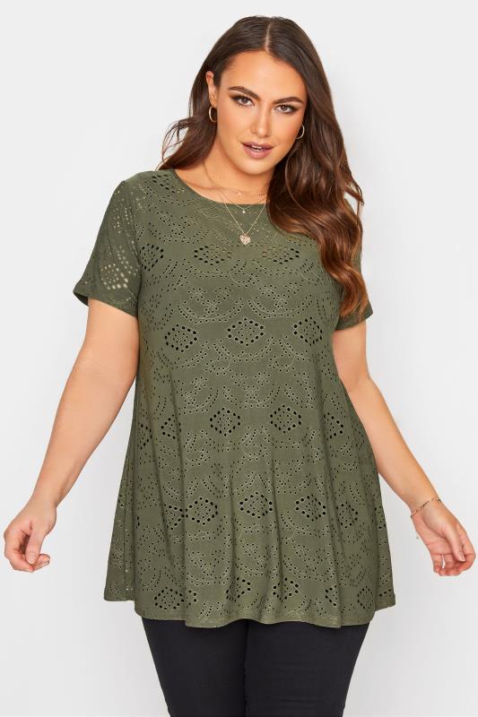 Plus Size  Khaki Broderie Anglaise Swing Top