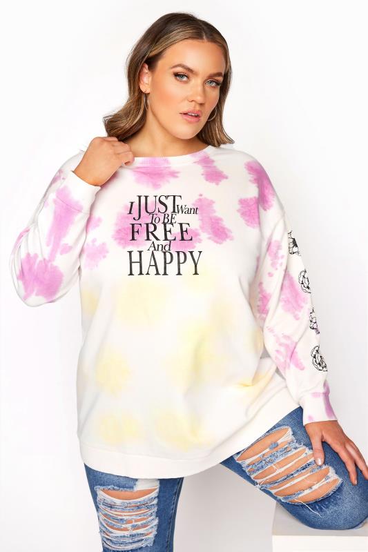  Tallas Grandes White Multi Tie Dye 'Free and Happy' Print Sweatshirt