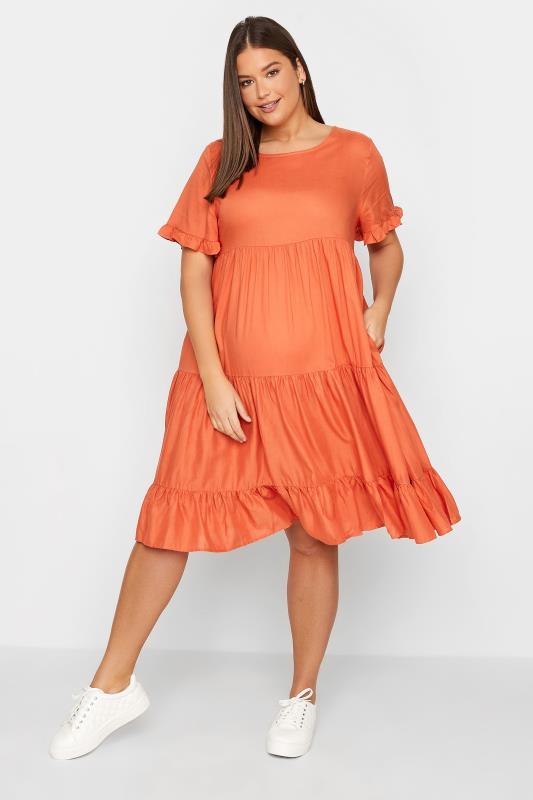LTS Orange Maternity Tiered Linen Look Smock Dress | Long Tall Sally 1