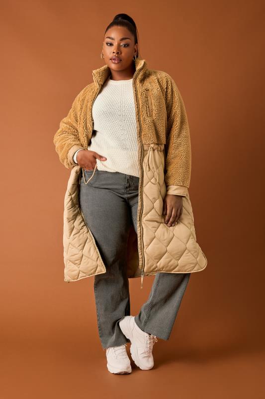 YOURS Plus Size Beige Brown Quilted Teddy Coat | Yours Clothing 2