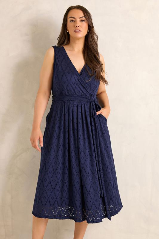  EVANS Curve Navy Blue Broderie Wrap Midi Dress