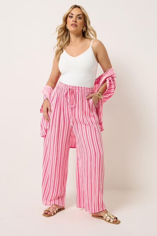 YOURS Plus Size Pink Stripe Crinkle Wide Leg Trousers | Yours Clothing 2