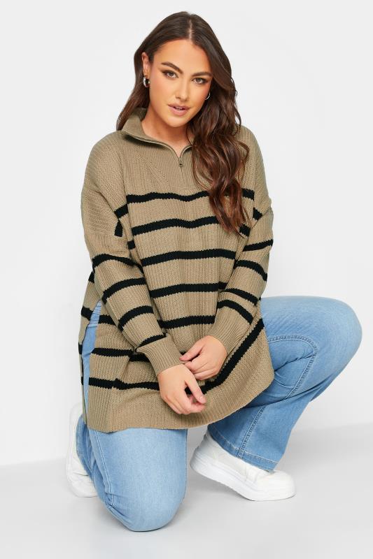 Curve Beige Brown Stripe Quarter Zip Knitted Jumper | Yours Clothing  4