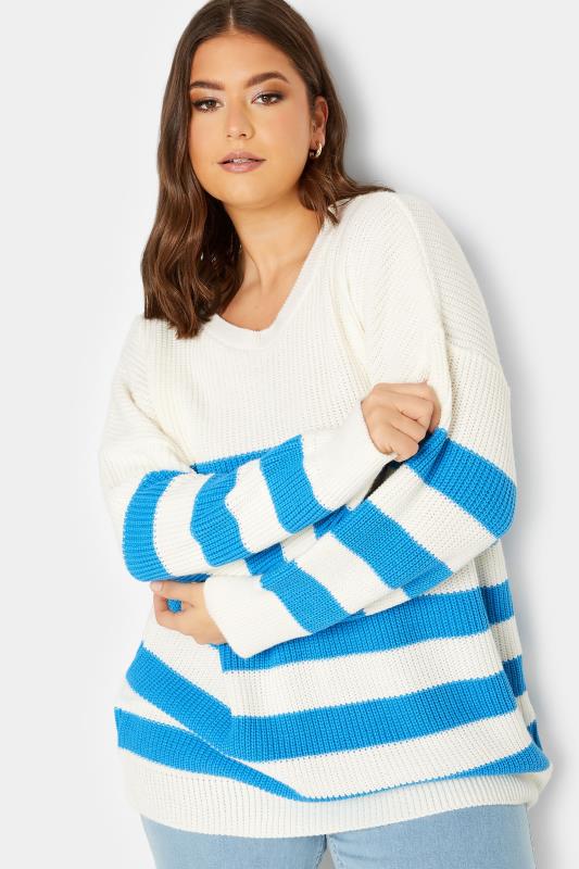 YOURS Plus Size White & Blue Stripe Jumper | Yours Clothing 4