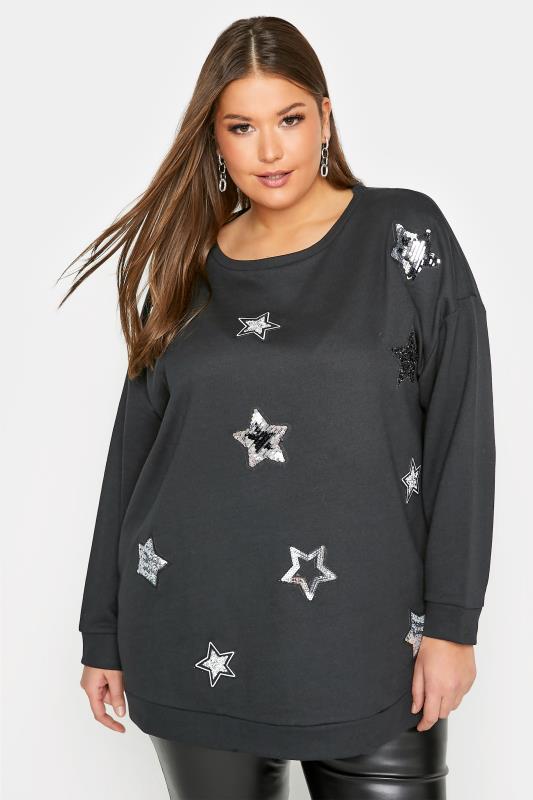 Plus Size Black Star Print Sweatshirt | Yours Clothing 1