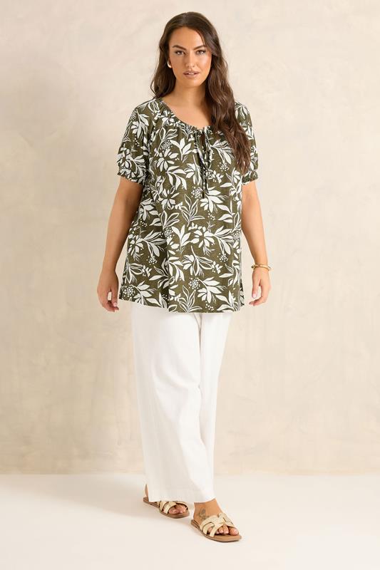 EVANS Plus Size Green Khaki Leaf Print Cotton Top | Evans 1