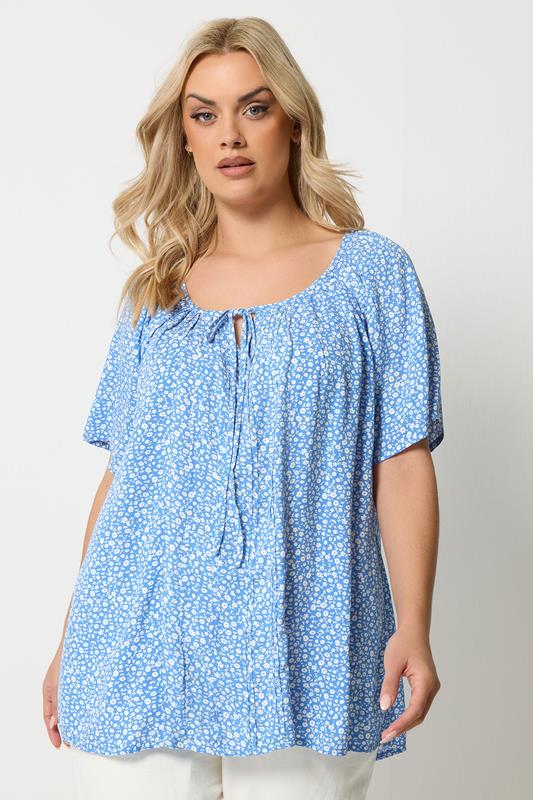 YOURS Plus Size Blue Floral Short Sleeve Pintuck Blouse | Yours Clothing 1