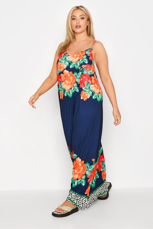 Curve Navy Blue Floral Border Print Strappy Dress | Yours Clothing 2