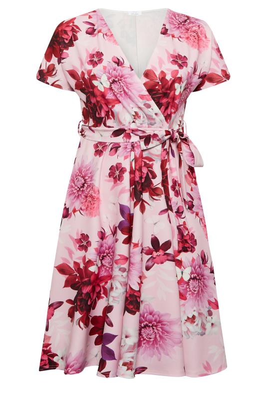 YOURS LONDON Curve Plus Size Pink & Red Floral Skater Wrap Dress | Yours Clothing  6