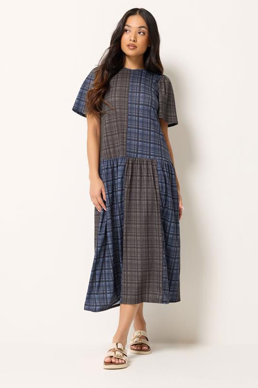  PixieGirl Petite Navy Blue & Brown Check Midi Dress