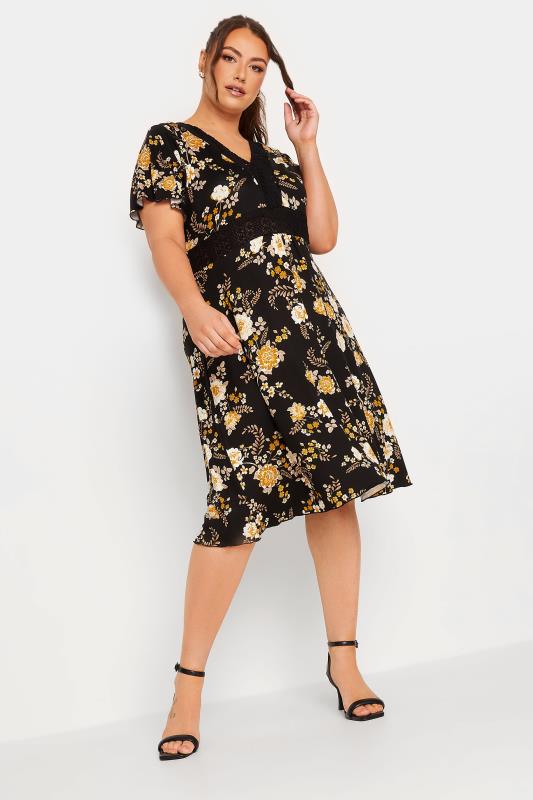 YOURS Plus Size Black Floral Print Lace Detail Dress | Yours Clothing 2
