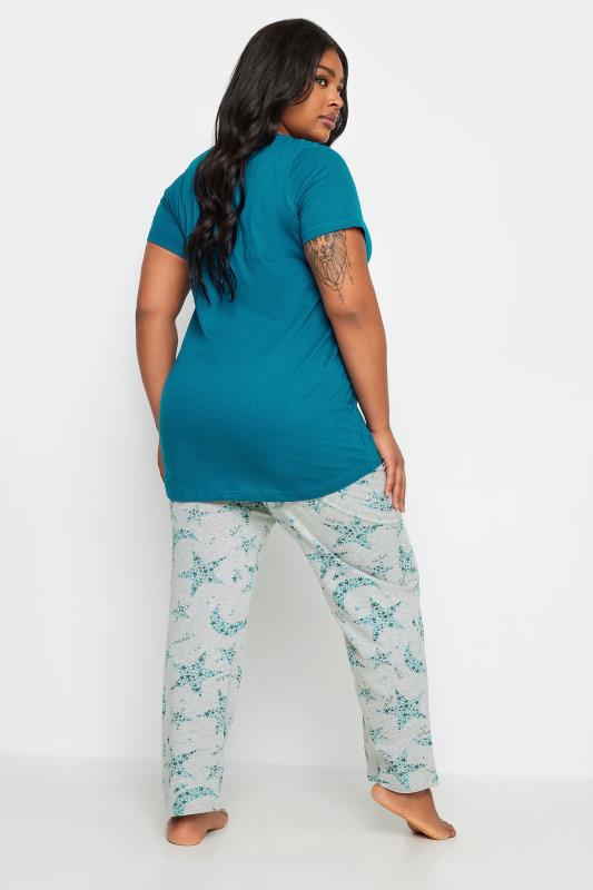 YOURS Plus Size Turquoise Blue 'Cosmic Dreamer' Star & Moon Print Pyjama Set | Yours Clothing 3
