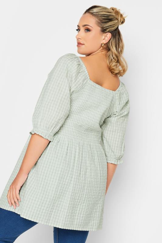 YOURS Plus Size Curve Mint Green Gingham Print Square Neck Shirred Top | Yours Clothing 3