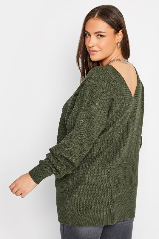 YOURS Plus Size Khaki Green Double V-Neck Jumper | Yours Clothing 3