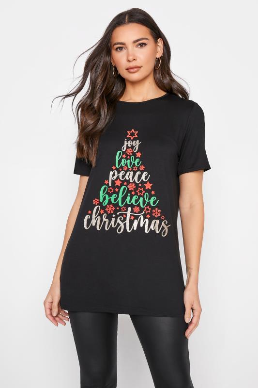 Tall  LTS Black Glitter Christmas Tree Slogan T-Shirt