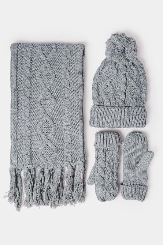  Grey Cable Knit Scarf Hat & Gloves Set