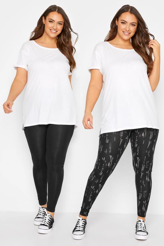 Plus Size  YOURS 2 PACK Curve Black & Textured Print Soft Touch Stretch Leggings