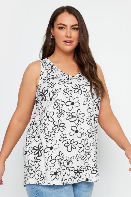 YOURS Plus Size White & Black Floral Doodle Design Vest Top | Yours Clothing 1