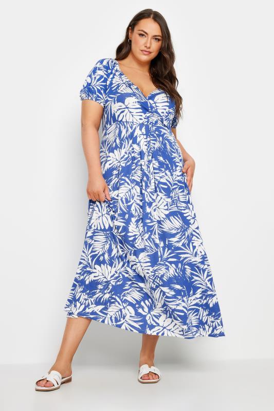 YOURS Plus Size Blue Leaf Print Wrap Dress | Yours Clothing 1