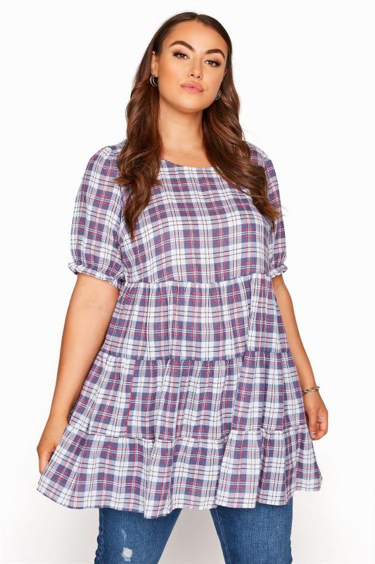 Plus Size  LIMITED COLLECTION Blue Check Tiered Tunic Top