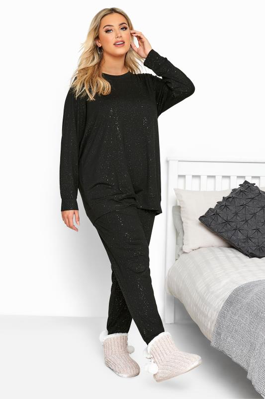  Loungewear Grande Taille Curve Black Glitter Soft Touch Lounge Set