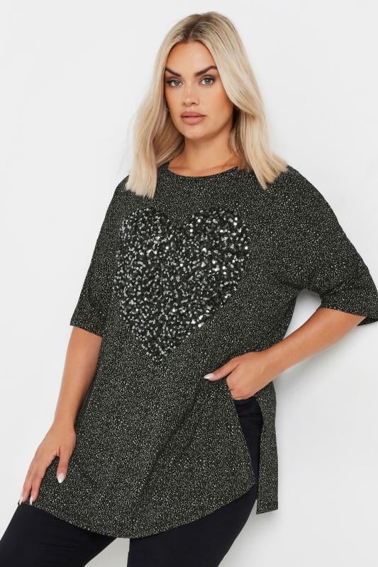 Plus Size  YOURS Curve Black Heart Sequin Embellished Top