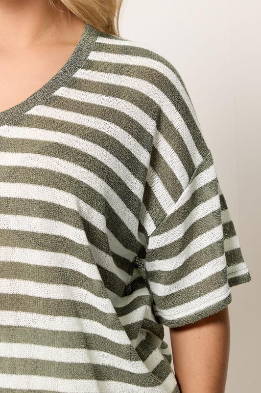 YOURS Plus Size Khaki Green & Ivory White Stripe Knitted T-Shirt | Yours Clothing 4