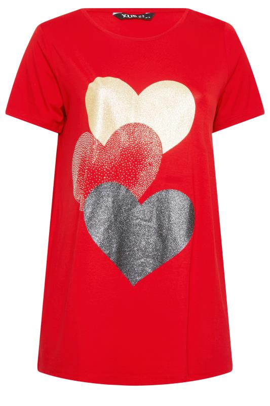 YOURS Curve Plus Size Red Glitter Heart Print T-Shirt | Yours Clothing  6