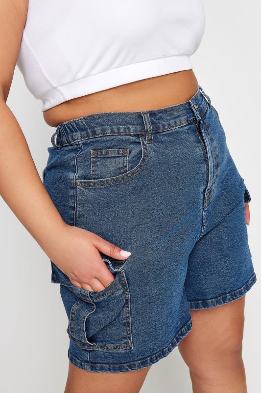 YOURS Plus Size Mid Blue Stretch Denim Cargo Shorts | Yours Clothing 4