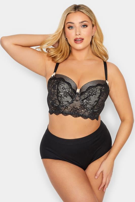 Black & Cream Lace Mesh Longline Padded Underwired Bra | Yours Clothing 2