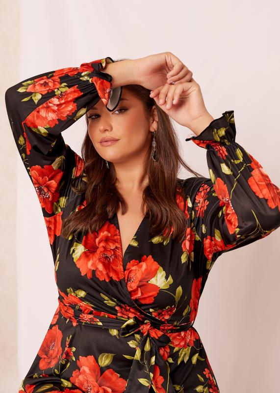 YOURS LONDON Plus Size Black & Red Floral Wrap Top | Yours Clothing 5