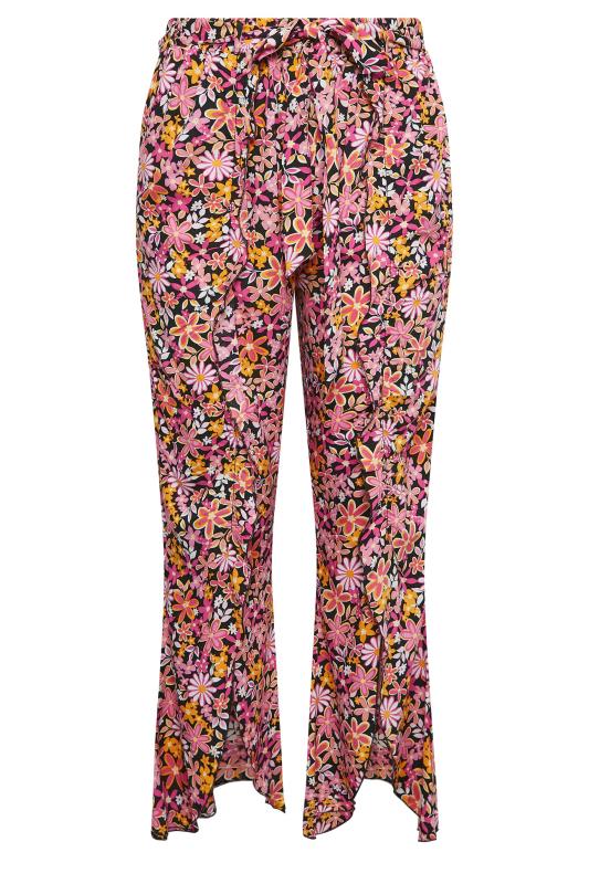 YOURS Plus Size Pink Floral Print Frill Wide Leg Trousers | Yours Clothing 5