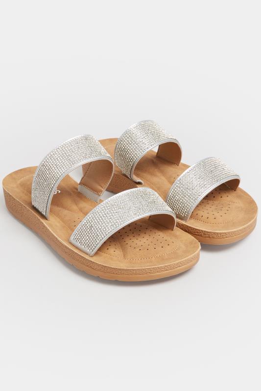 Silver & Brown Glitter Strap Mule Sandals In Extra Wide EEE Fit | Yours Clothing  1