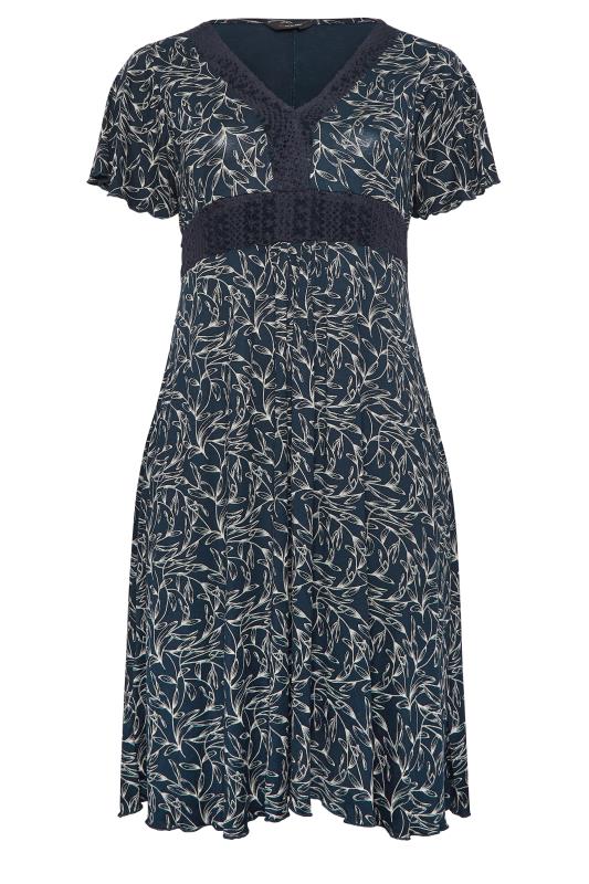 YOURS Plus Size Navy Blue Leaf Print Lace Detail Dress | Yours Clothing 6