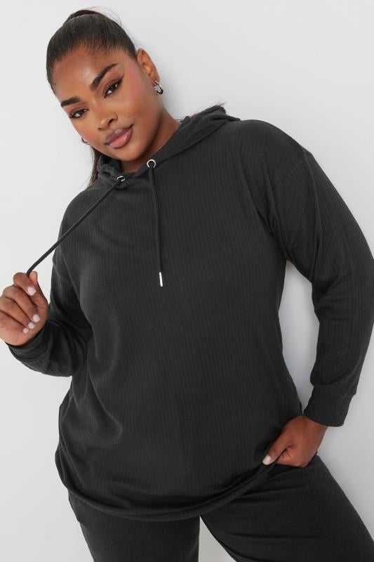 YOURS Plus Size Black Ribbed Hoodie | Yours Clothing 2