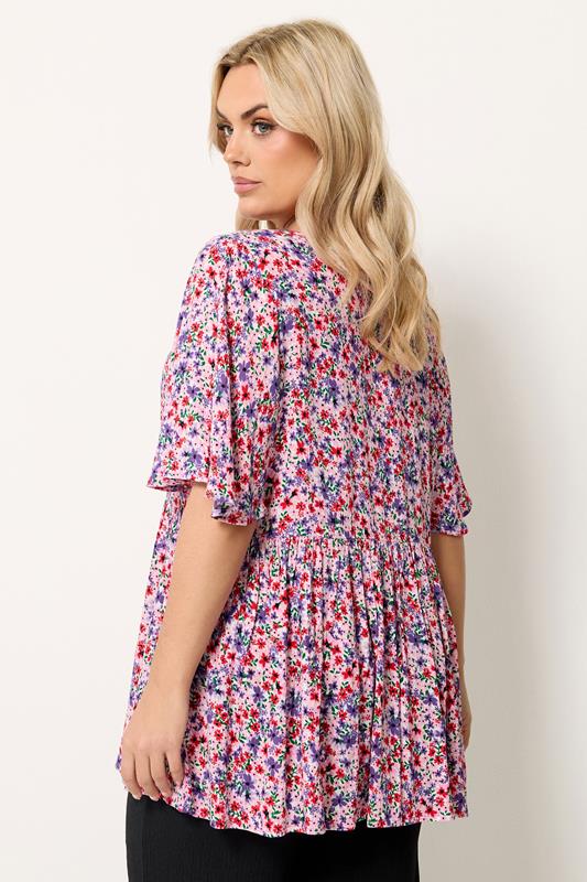 YOURS Plus Size Ditsy Pink Tie Neck Top | Yours Clothing 2