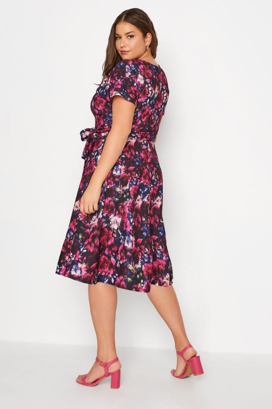 YOURS LONDON Plus Size Pink & Blue Floral Wrap Skater Dress | Your Clothing 3