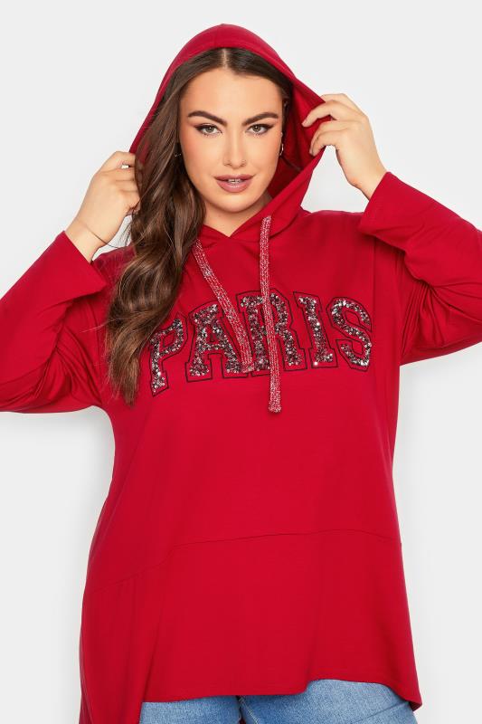 YOURS Plus Size Curve Dark Red 'Paris' Slogan Longline Hoodie | Yours Clothing  4