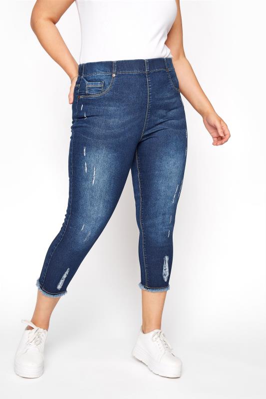Cropped Jeans Tallas Grandes YOURS FOR GOOD Curve Indigo Blue Distressed JENNY Stretch Cropped Jeggings