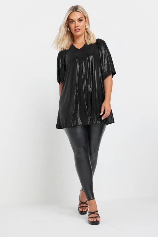 YOURS Plus Size Black Foil Pleated Swing Top | Yours Clothing 2